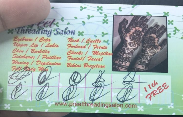 Preet Threading Salon loyalty punch card showing the 11th visit free